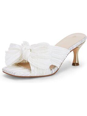 Women's White Bow Heel Sandals Pleated Bowknot Heels Open Square Toe Kitten Heel